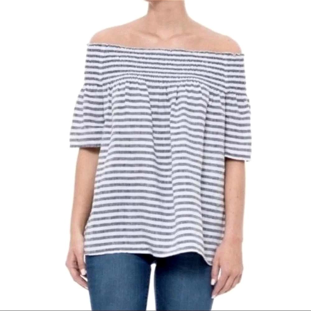 C&C California Linen Top Gray Striped Coquette Coastal Off Shoulder Bell Sleeve